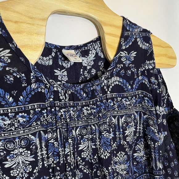 Bila Women's M‎ Blue Floral Bell Sleeve Shirt Cold Shoulder Pleated Rayon - Picture 1 of 8